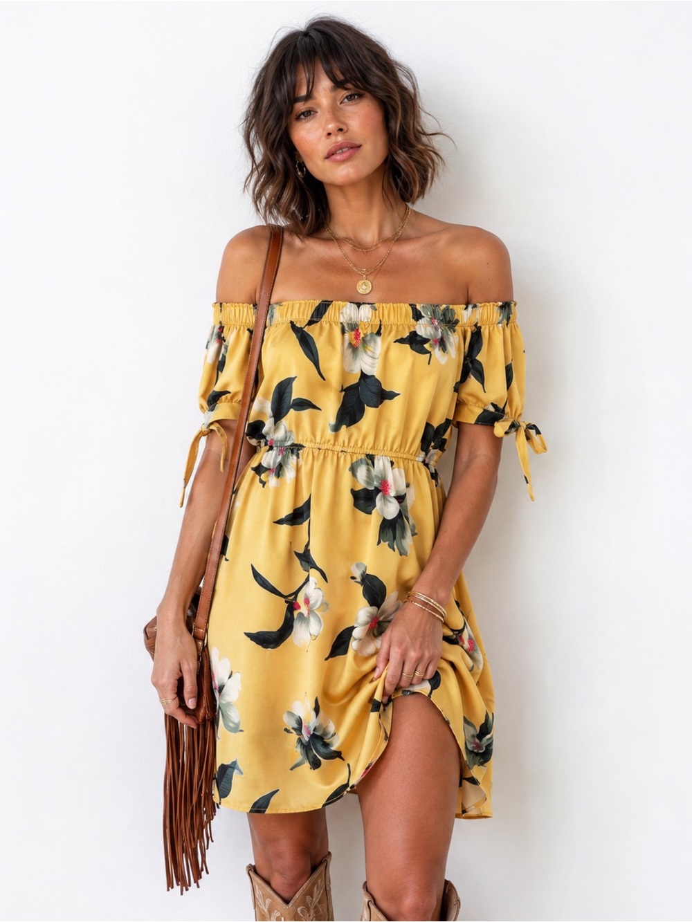 Blush Off-Shoulder Floral Mini Dress | Yellow | Size Small